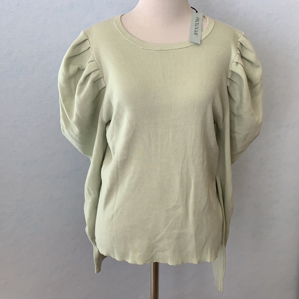 Mint Green Puff Shoulder Sweater Blouse Prologue